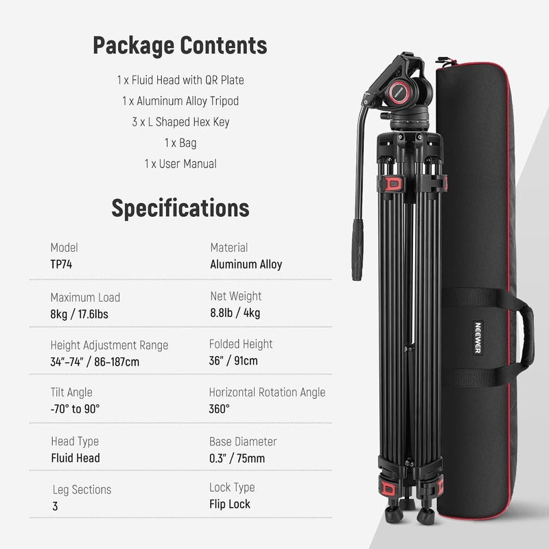 Neewer 74" Pro Video Tripod with Fluid Head, TP74