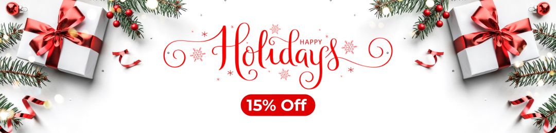 Holiday-themed promotional banner with gifts, red ribbons, and 'Happy Holidays' text on a white background.