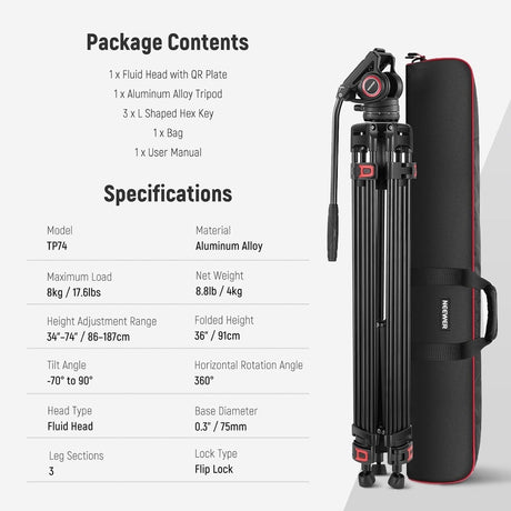 Neewer 74" Pro Video Tripod with Fluid Head, TP74