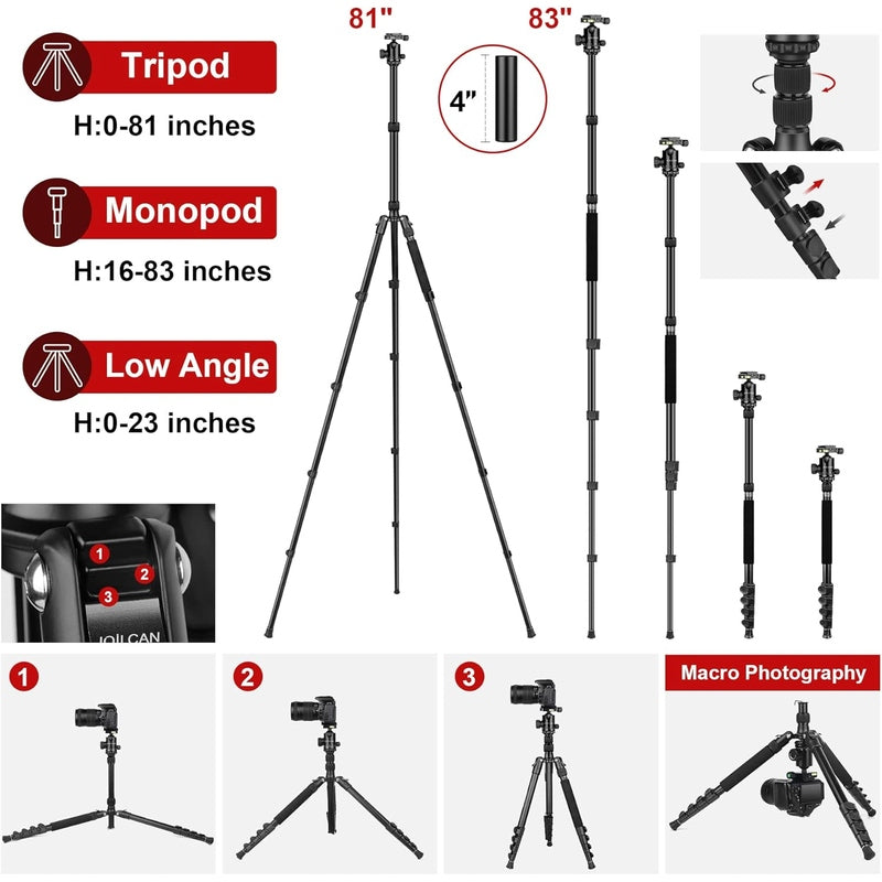 Professional DSLR Camera Tripod & Monopod Stand, 81" for Camera Photography