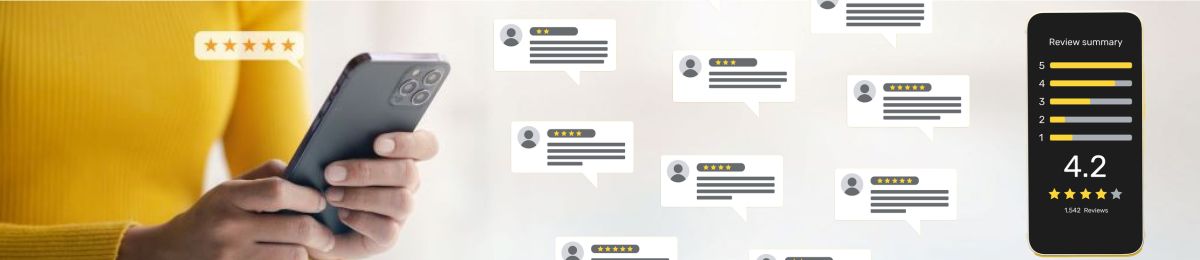 Person holding a smartphone with app interface on screen, surrounded by app icons and ratings.