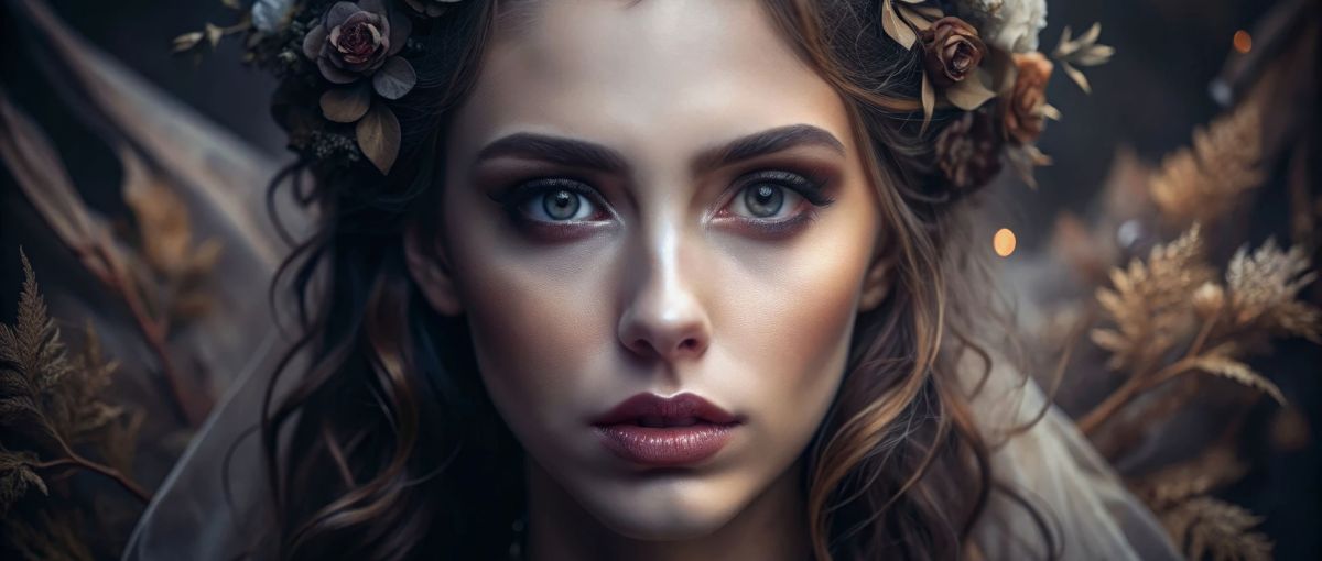 Woman with floral headpiece surrounded by nature elements