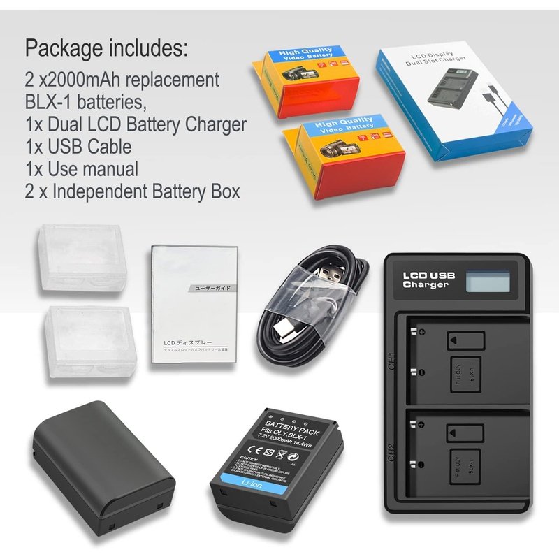 2 Pack BLX-1 Batteries and Dual Charger for Olympus OM Systems