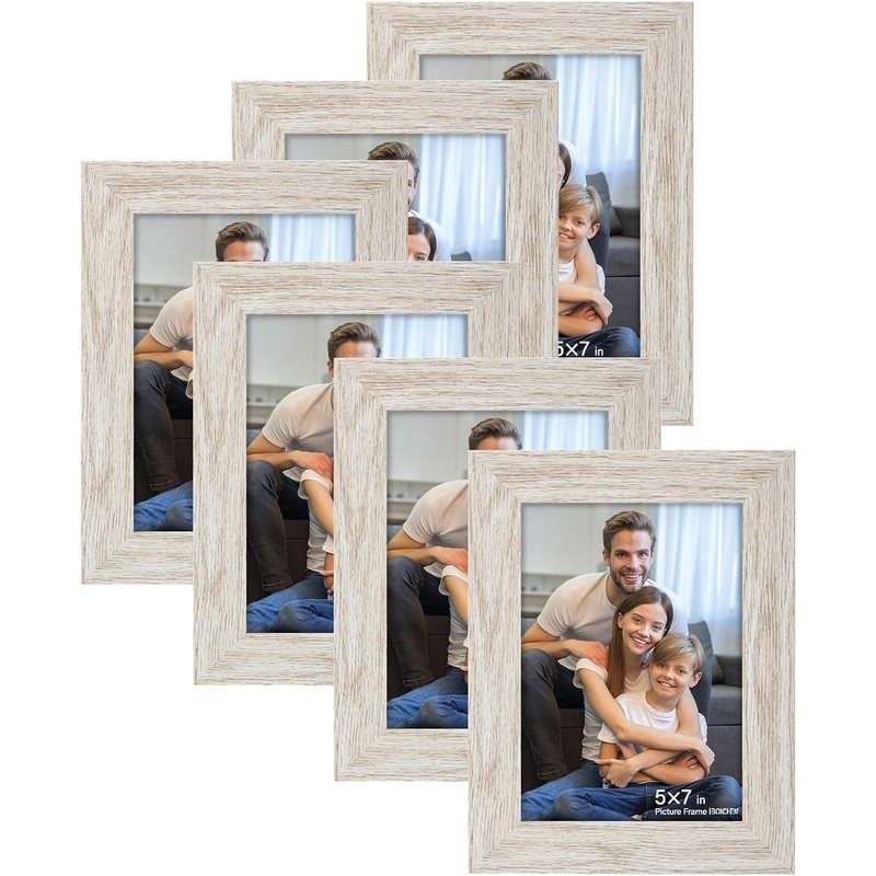 Picture Frames 5X7 6-Pack - Rustic White Washed Farmhouse Frame with Glass Cover