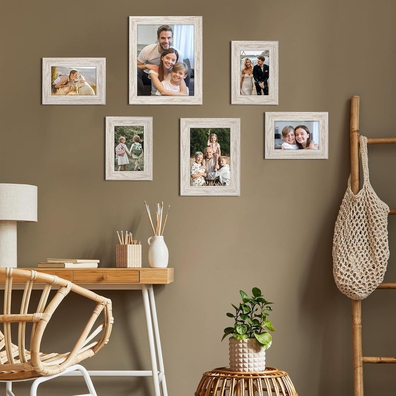 Picture Frames 5X7 6-Pack - Rustic White Washed Farmhouse Frame with Glass Cover