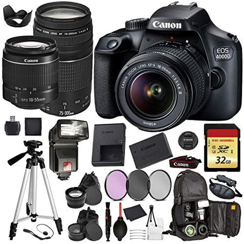 Canon EOS Rebel 4000D DSLR Camera w/ EF-S 18-55mm + EF 75-300mm Accessory Bundle Int Model