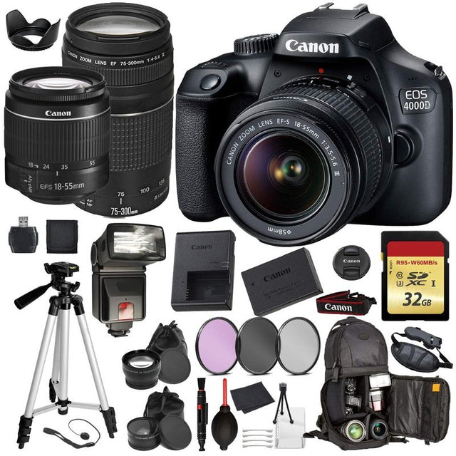 Canon EOS Rebel 4000D DSLR Camera w/ EF-S 18-55mm + EF 75-300mm Accessory Bundle Int Model