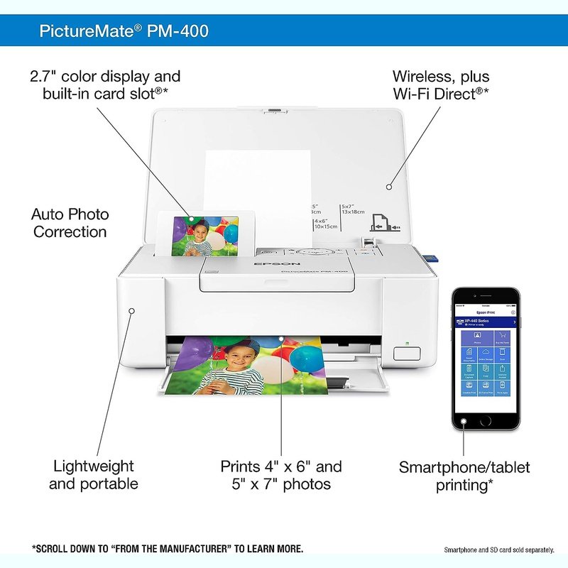 Epson Picturemate PM-400 Wireless Compact Color Photo Printer, White