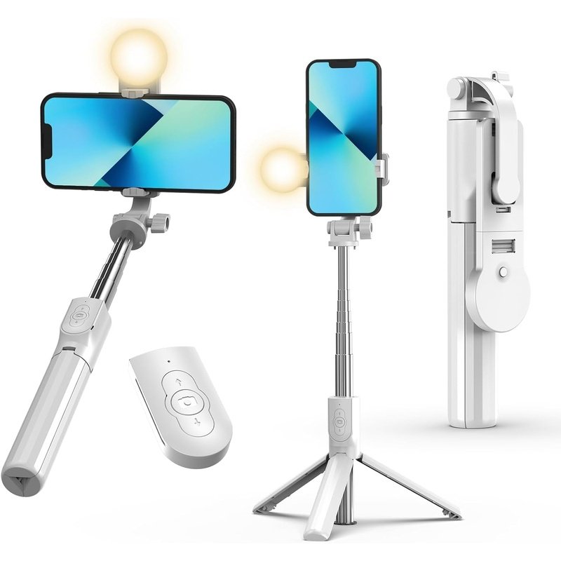 Extendable Selfie Stick Tripod with Light, Wireless Bluetooth Remote