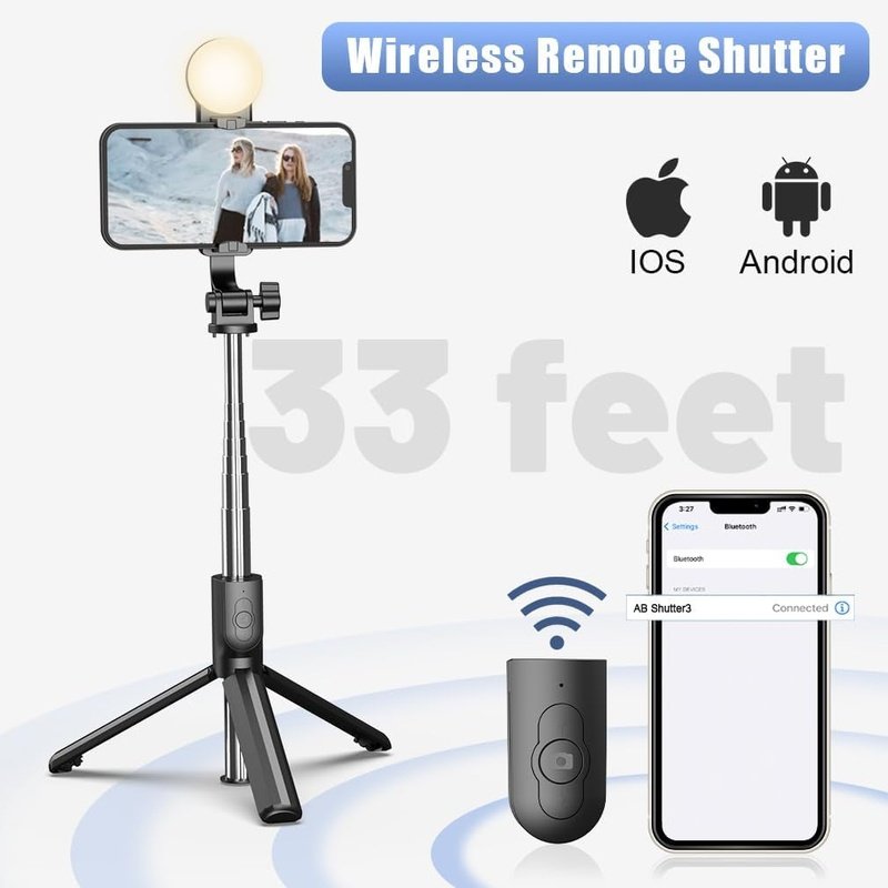 Extendable Selfie Stick Tripod with Light, Wireless Bluetooth Remote