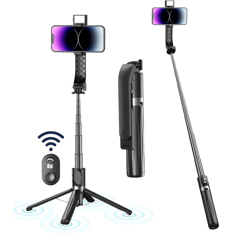Extendable Selfie Stick Tripod with Light, Wireless Bluetooth Remote