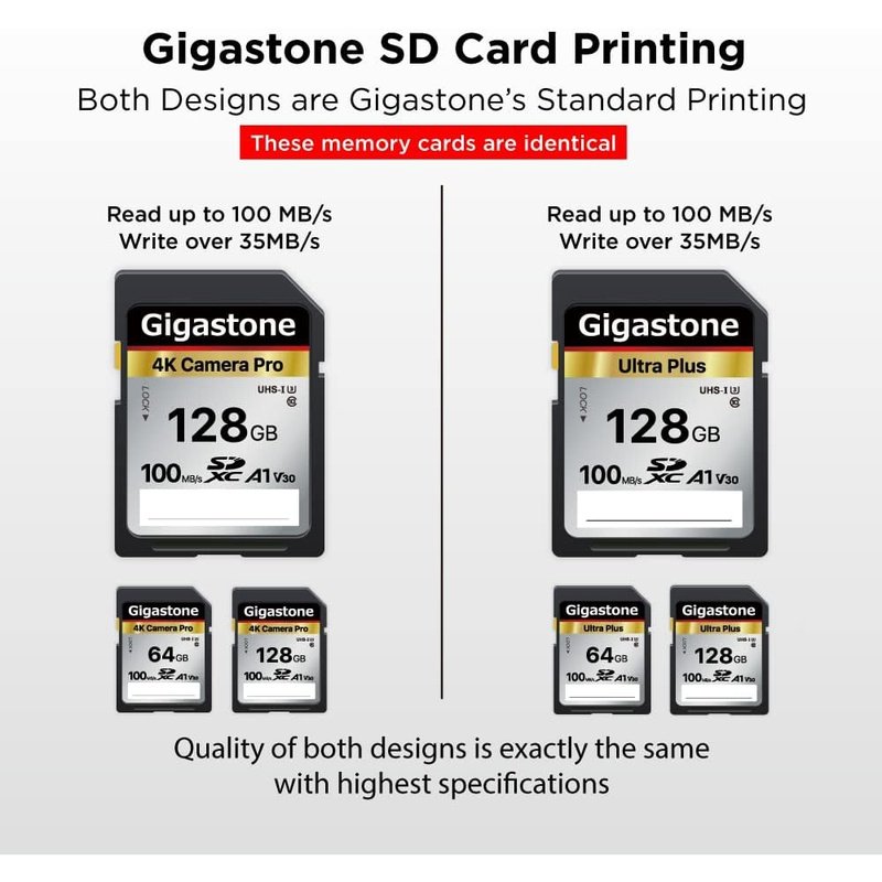 Gigastone 128GB or 256GB SD Card V30 SDXC Memory Card, Single or 2 Pack