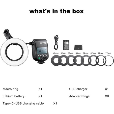 Godox MF-R76 Macro LED Ringlight Flash, 8Pc Adapter Rings