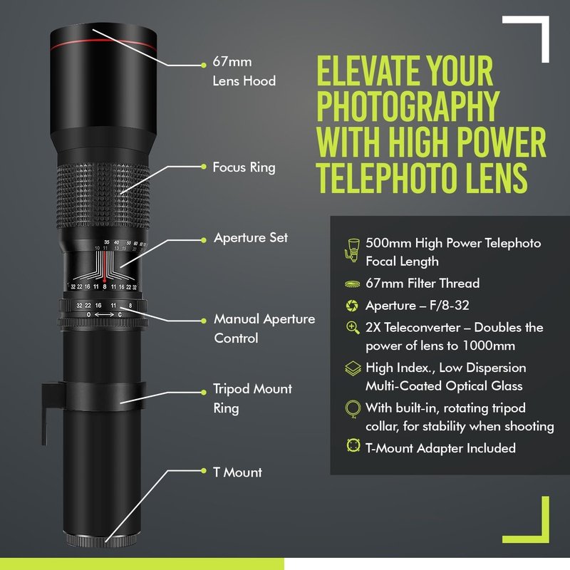 High-Power 500mm-1000mm F/8 Manual Telephoto Lens for Canon SLR Cameras