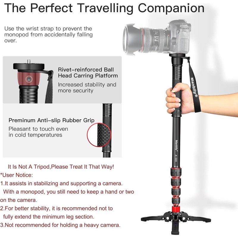 Manbily A222 67" Extendable Travel Monopod, Aluminum Monopod with Feet