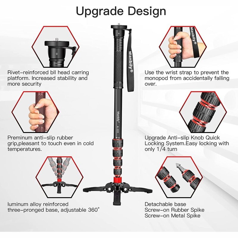 Manbily A222 67" Extendable Travel Monopod, Aluminum Monopod with Feet