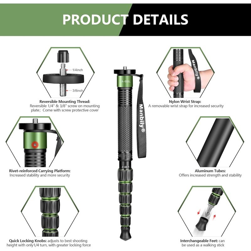 Manbily C555L 61" Monopod in Aluminum or Carbon Fiber, Compact