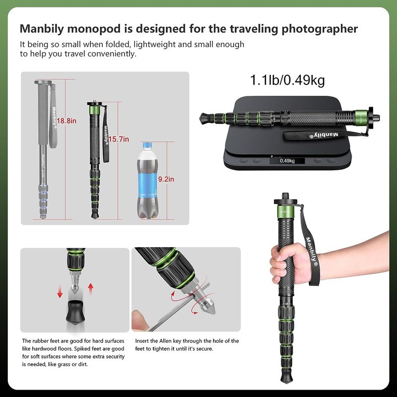 Manbily C555L 61" Monopod in Aluminum or Carbon Fiber, Compact