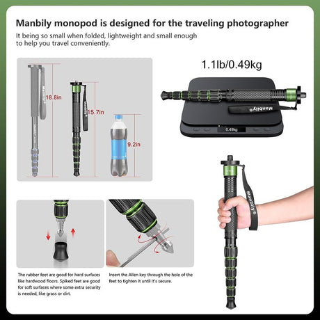 Manbily C555L 61" Monopod in Aluminum or Carbon Fiber, Compact