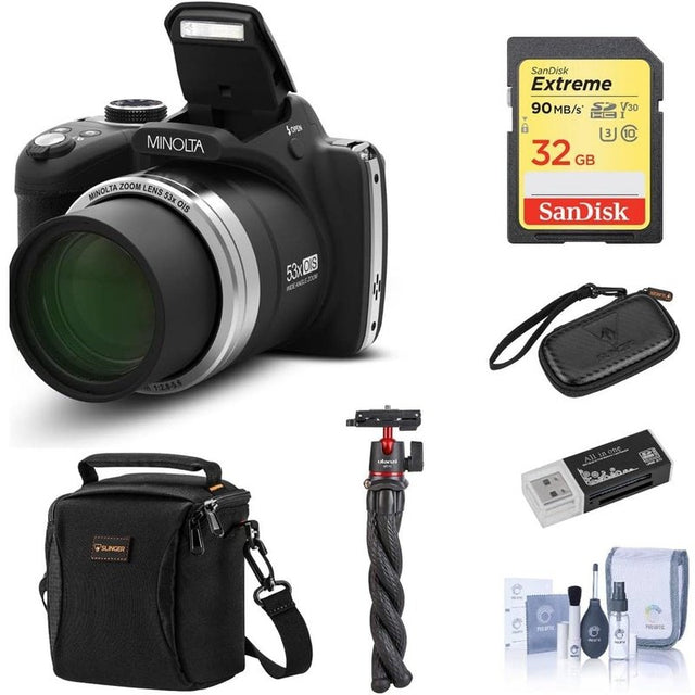 Minolta MN53Z 16MP FHD Digital Camera with 53X Optical Zoom, Wi-Fi, Black Bundle