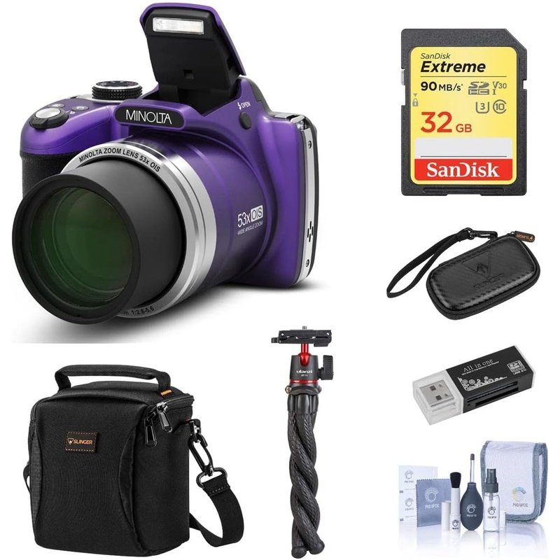 Minolta MN53Z 16MP FHD Digital Camera with 53X Optical Zoom, Wi-Fi, Purple Bundle