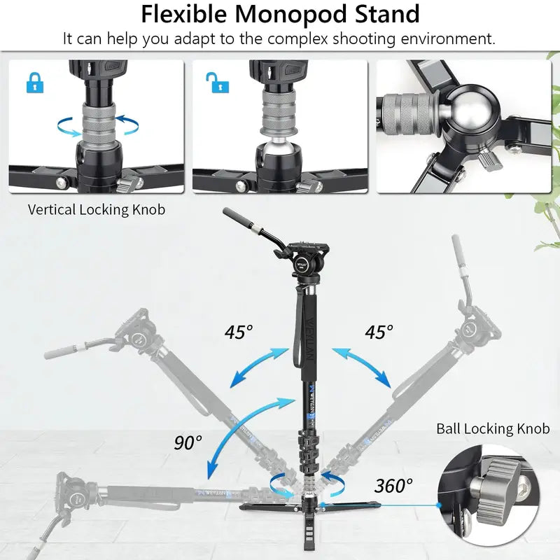 Professional DSLR Camera Monopod 360 Panorama Fluid Head Flexible Stand LF70T