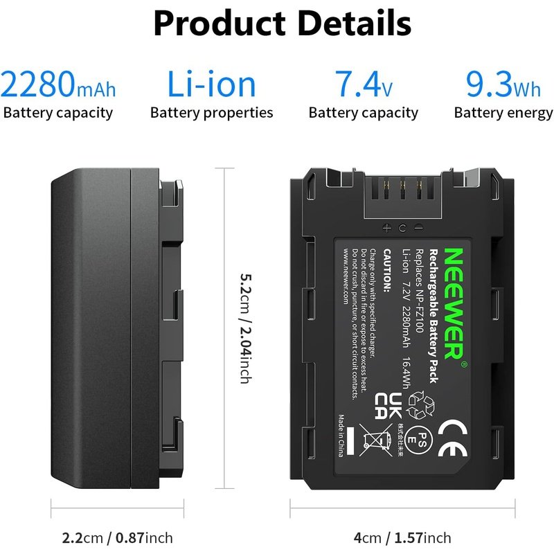 Neewer NP-FZ100 Battery for Select Sony Cameras, Rechargeable Battery