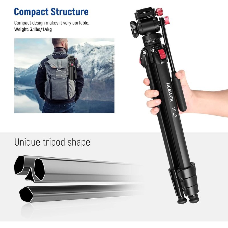 Neewer TP22 Portable Aluminum 63" Travel Tripod w/Pan Tilt Fluid Head