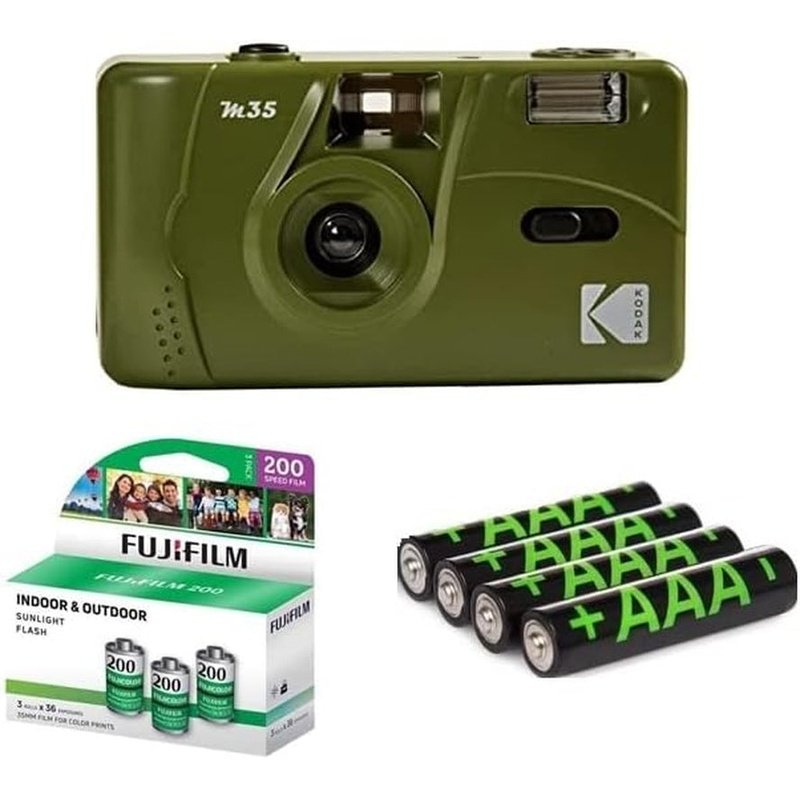 Olive Kodak M35 35mm Film Camera, Film and Battery Bundle