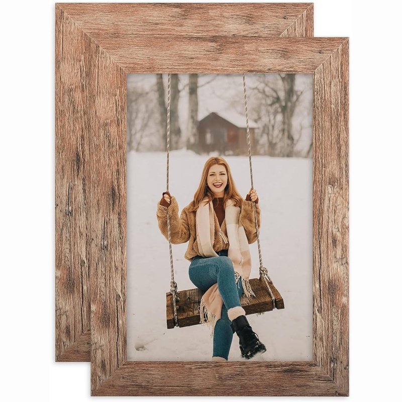 Set of 2 Distressed Wood Grain Photo Frames for Wall Mounting or Tabletop Display