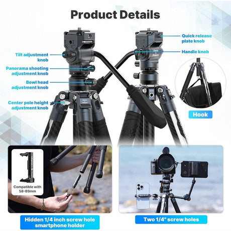 ULANZI F38 61.4" Carbon Fiber Portable Professional Camera Tripod w/Bag